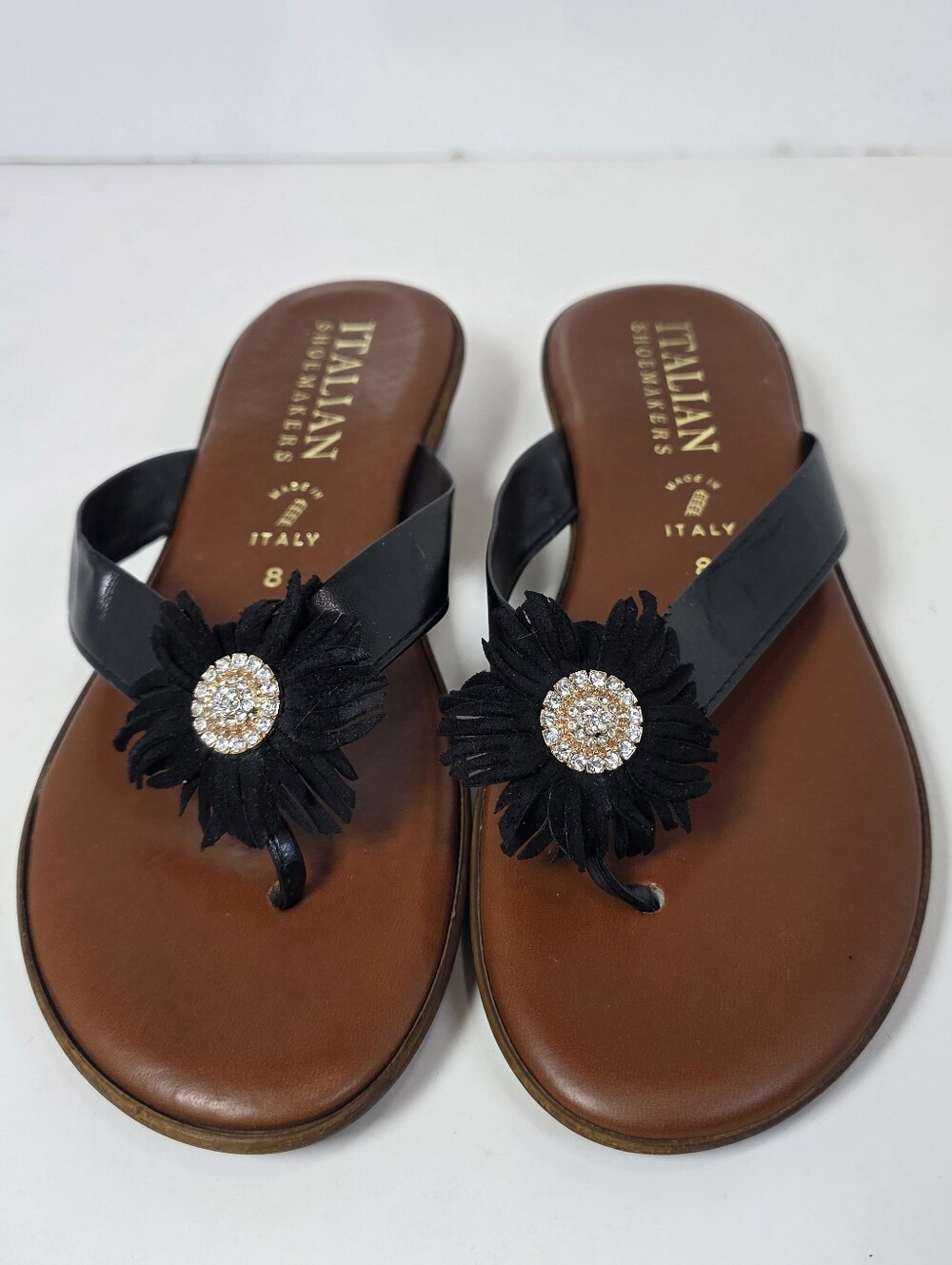 Italian Shoemakers Black Fringe Floral Toe-Post Sandals with Rhinestone Center